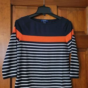 Women's Size Small Chaps 3/4 Sleeve Navy Orange White Top
